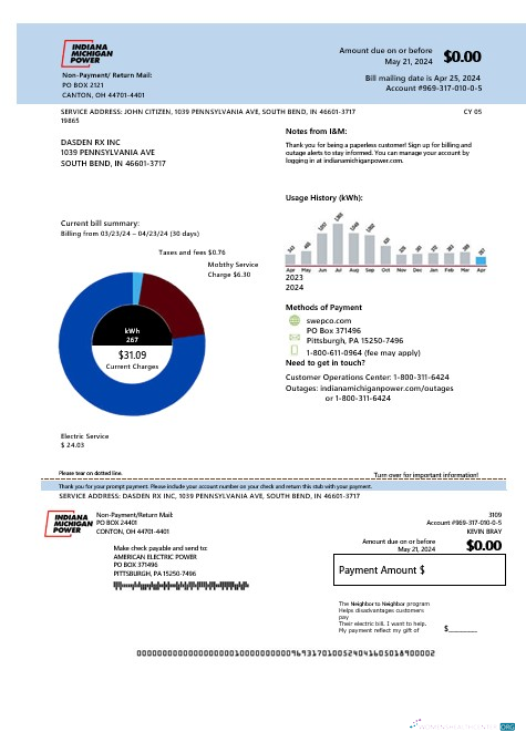 Download USA Indiana electricity business utility bill template in Word and PDF formats Photoshop template